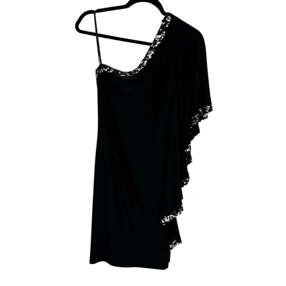 Betsy Adam Black One Shoulder Sequin Trim Formal Cocktail Dress Size‎ 12 Holiday